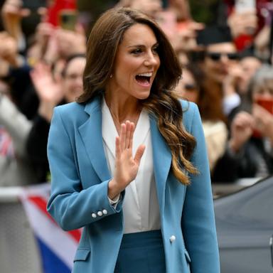 PHOTO: Britain's Kate, Princess of Wales, waves as she arrives at the town hall, part of a two-day trip, in Reggio Emilia, Italy, May 13, 2026. 