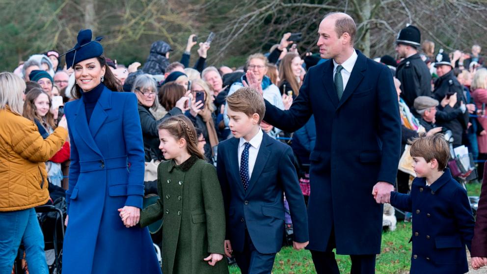 PHOTO: Catherine, Princess of Wales and Prince William, Prince Louis, Prince George and Princess Charlotte of attend the Christmas Day service at St Mary Magdalene Church, Dec. 25, 2023, in Sandringham, Norfolk, England.