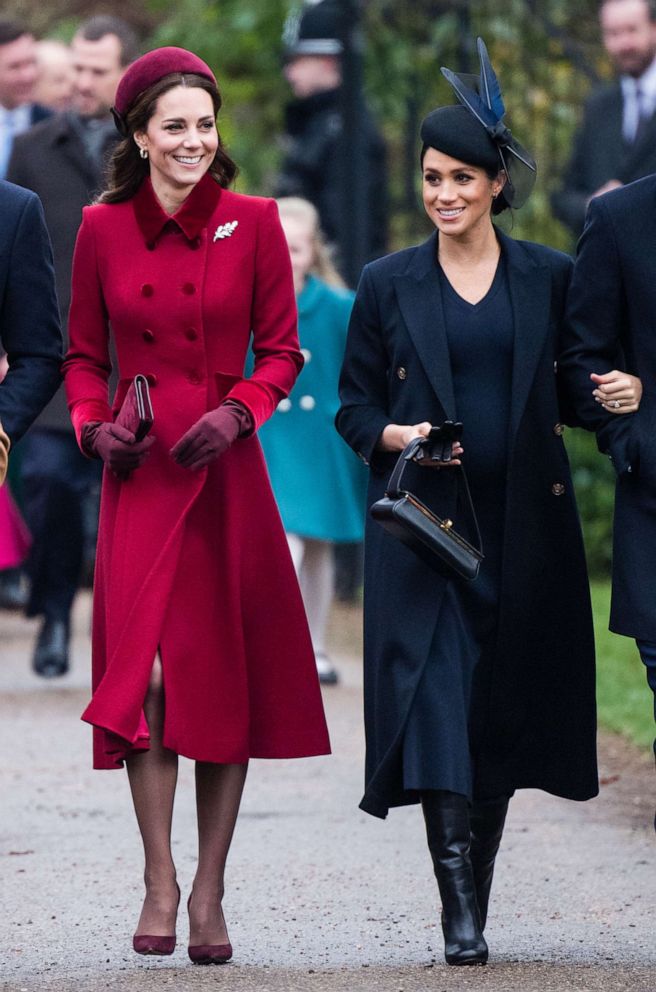 PHOTO: Catherine, Duchess of Cambridge and Meghan, Duchess of Sussex attend Christmas Day Church service at Church of St Mary Magdalene on the Sandringham estate, Dec. 25, 2018 in King's Lynn, England. 