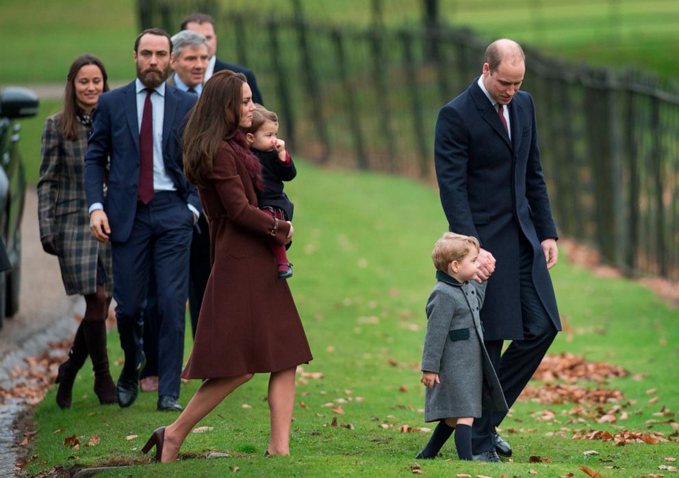 PHOTO: Prince William, Duke of Cambridge, Catherine, Duchess of Cambridge, Prince George of Cambridge, Princess Charlotte of Cambridge, Pippa Middleton and James Middleton attend Church on Christmas Day, Dec. 25, 2016, in Bucklebury, Berkshire, England. 