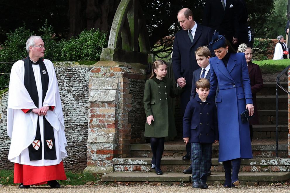 PHOTO: Prince William, Princess Charlotte, Catherine and Princess of Wales walk away from the church with Prince George of Wales and Prince Louis of Wales after attending  the Royal Family's traditional Christmas Day service in England, Dec. 25, 2023. 