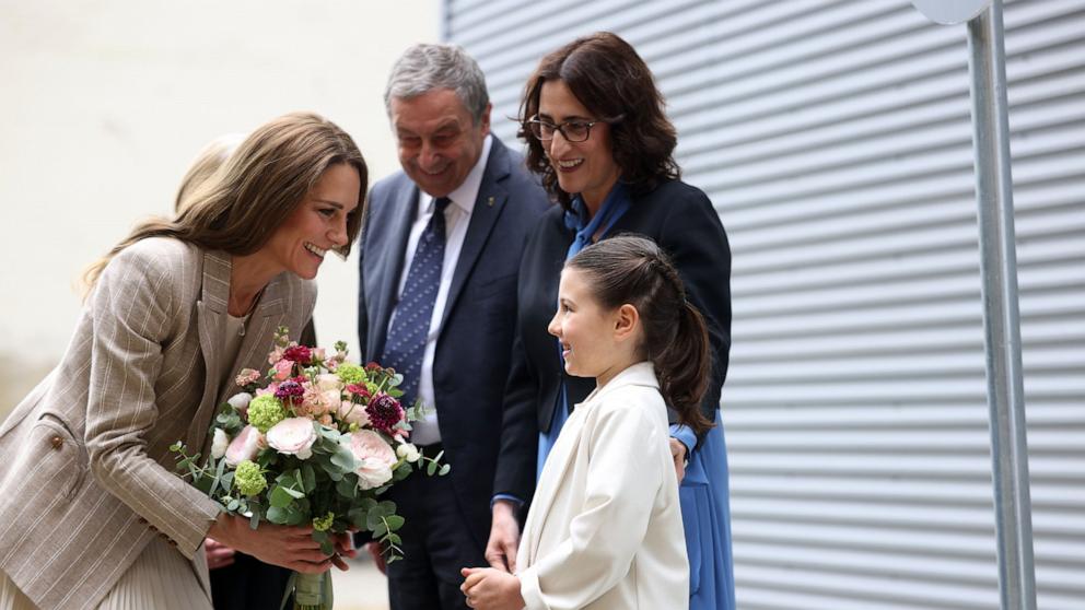 PHOTO: Catherine, Princess of Wales receives some flowers as she visits Remida, il Centro di Riciclaggio Creativo in Reggio Emilia, to understand how the city of Reggio Emilia supports early childhood, May 14, 2026.