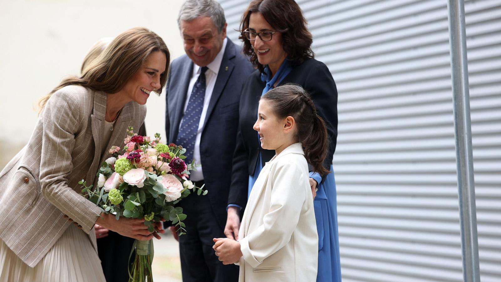PHOTO: Catherine, Princess of Wales receives some flowers as she visits Remida, il Centro di Riciclaggio Creativo in Reggio Emilia, to understand how the city of Reggio Emilia supports early childhood, May 14, 2026.