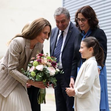 PHOTO: Catherine, Princess of Wales receives some flowers as she visits Remida, il Centro di Riciclaggio Creativo in Reggio Emilia, to understand how the city of Reggio Emilia supports early childhood, May 14, 2026.