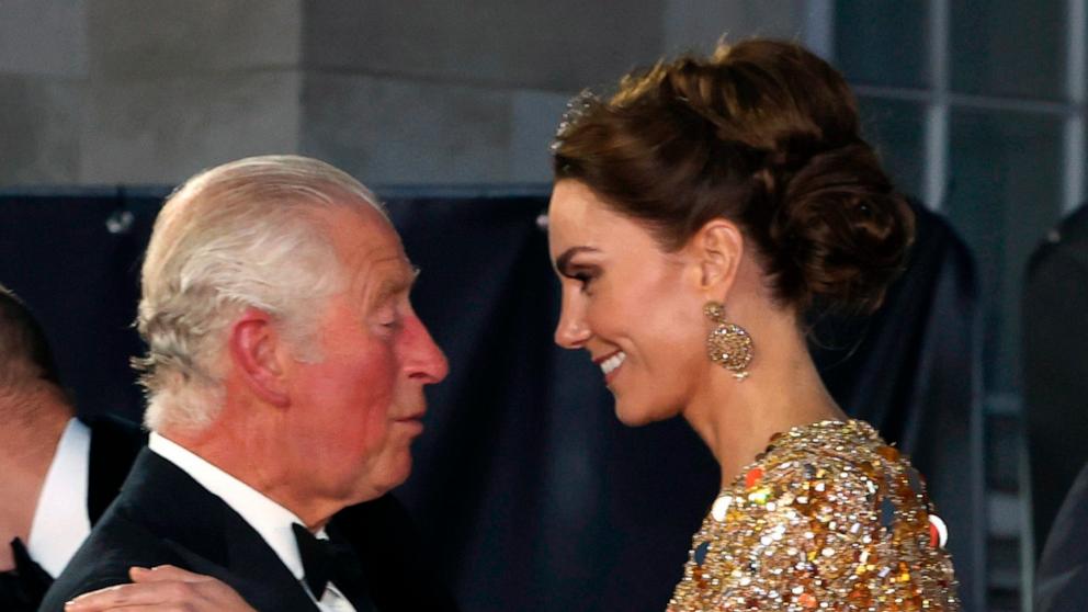PHOTO: In this Sept. 28, 2021 file photo, Britain's Prince Charles, left, speaks with Kate, the Duchess of Cambridge as they arrive for the World premiere of the new film from the James Bond franchise 'No Time To Die', in London.