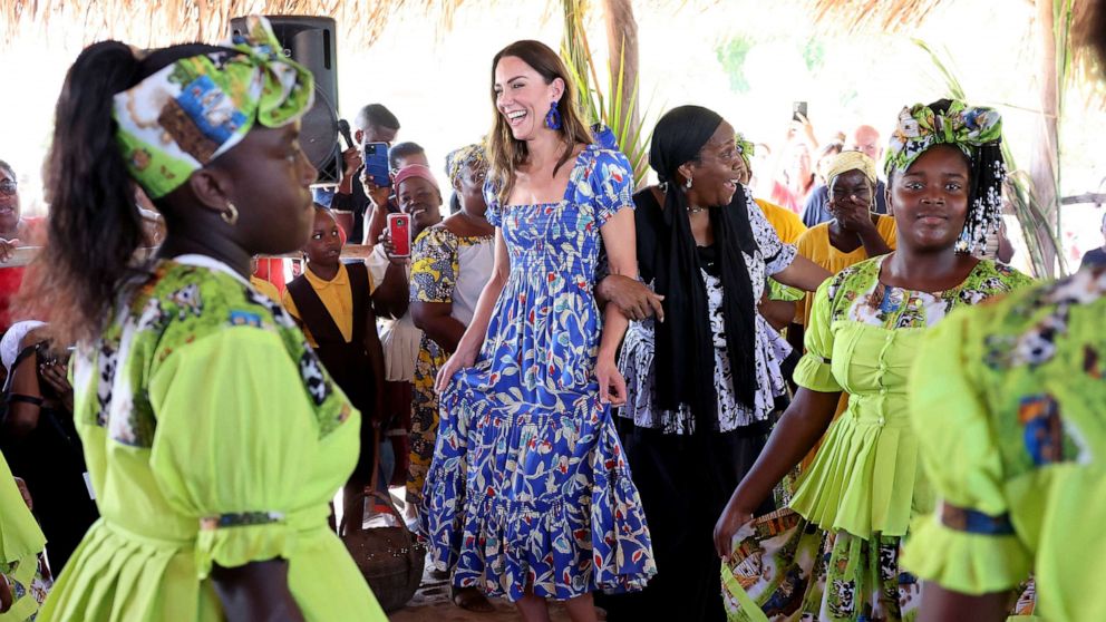 PHOTO: Catherine, Duchess of Cambridge dances during a traditional Garifuna festival on the second day of a Platinum Jubilee Royal Tour of the Caribbean, March 20, 2022, in Hopkins, Belize. 