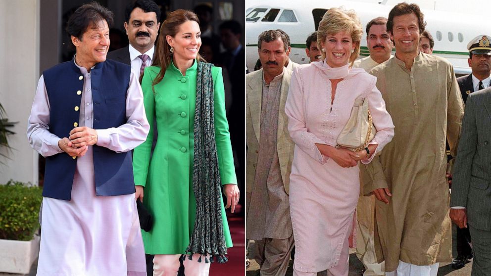 PHOTO: Left: Prime Minister of Pakistan, Imran Khan and Kate, Duchess of Cambridge in Islamabad, Oct. 15, 2019. Right: Princess Diana with Imran Khan in Lahore, Pakistan, Feb. 20, 1996.