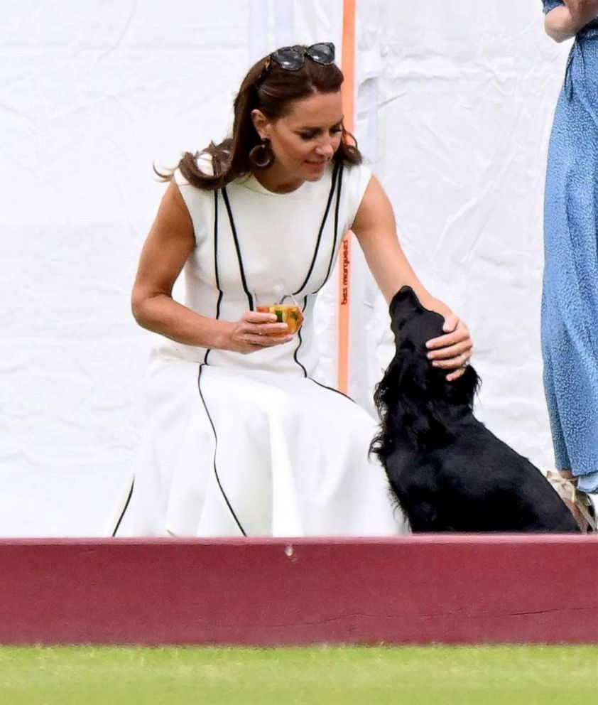 PHOTO: Catherine, Duchess of Cambridge pets her dog Orla while attending the the Royal Charity Polo Cup 2022 with Audi at Guards Polo Club on July 6, 2022 in Egham, England.