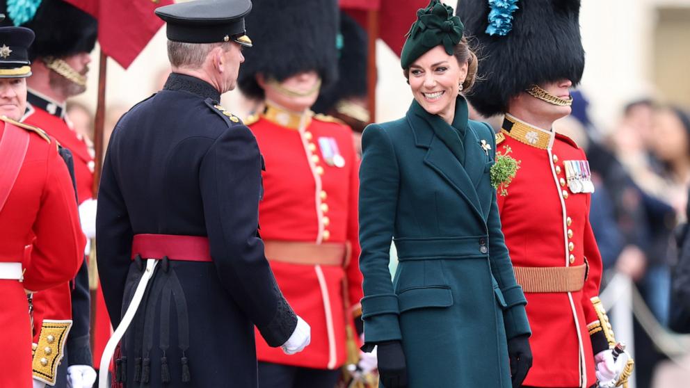 PHOTO: Catherine, Princess of Wales during the 2025 Irish Guards' St. Patrick's Day Parade at Wellington Barracks on March 17, 2025 in London, England.