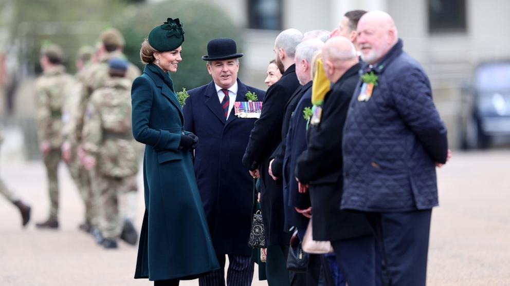 PHOTO: Catherine, Princess of Wales meets veterans of the Irish Guards during the 2025 Irish Guards' St. Patrick's Day Parade at Wellington Barracks on March 17, 2025 in London, England.