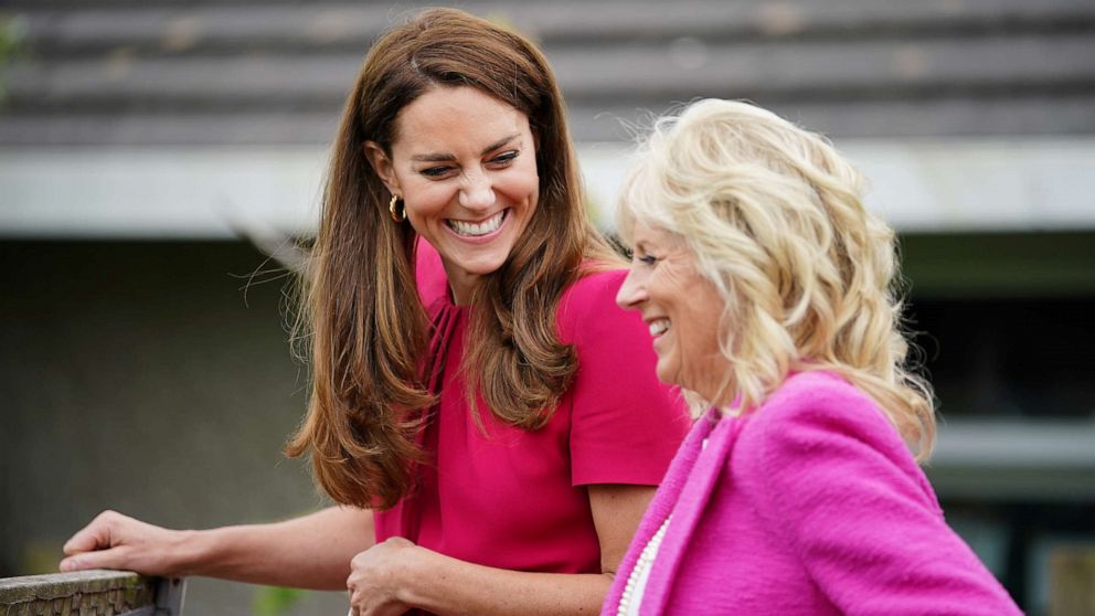 PHOTO: Britain's Catherine, Duchess of Cambridge and first lady Jill Biden during a visit to Connor Downs Academy, in Hayle, Cornwall, Britain, June 11, 2021.