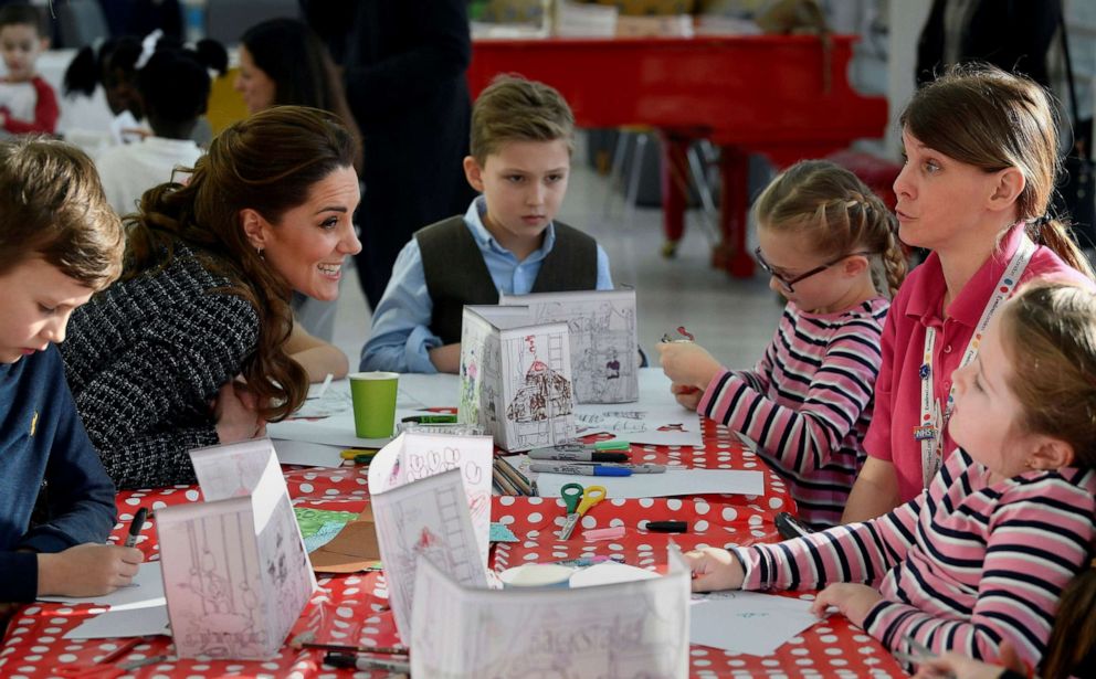 PHOTO: Britain's Kate, Duchess of Cambridge, visits a creative workshop run by the National Portrait Gallery's Hospital Programme, at Evelina London Children's Hospital, in London, Jan. 28, 2020. 