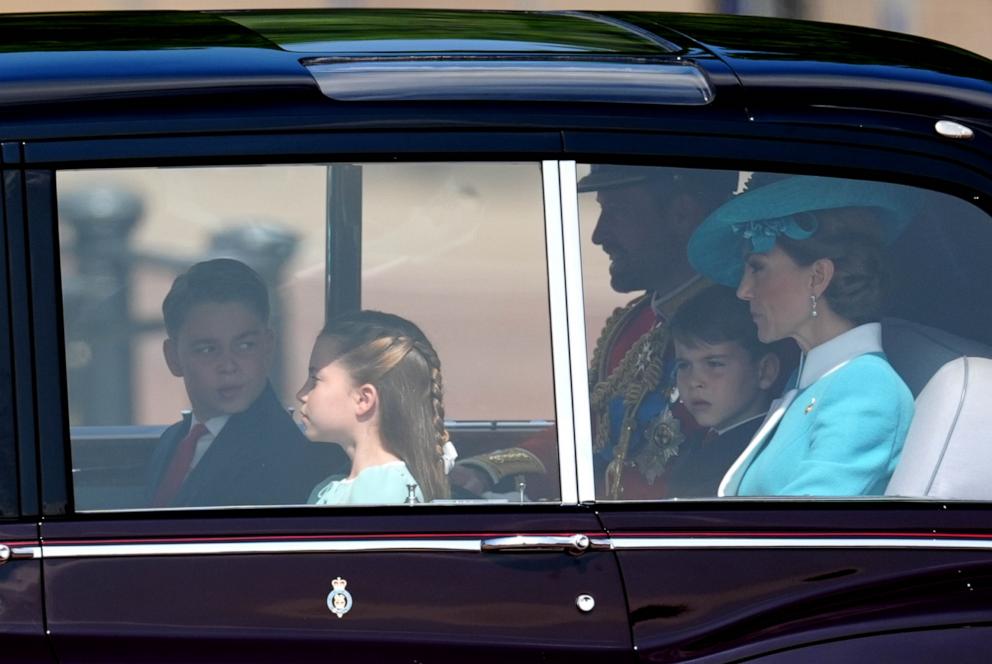 PHOTO: Prince George, Princess Charlotte, the Prince of Wales, Prince Louis and the Princess of Wales arrive at Buckingham Palace ahead of Trooping the Colour ceremony in central London, on June 14, 2025. 