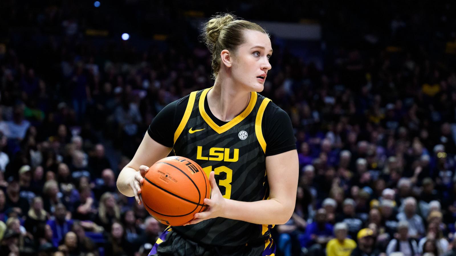 PHOTO: LSU forward Kate Koval (13) looks to pass during the first half of an NCAA women's college basketball game against South Carolina in Baton Rouge, Saturday, Feb. 14, 2026.