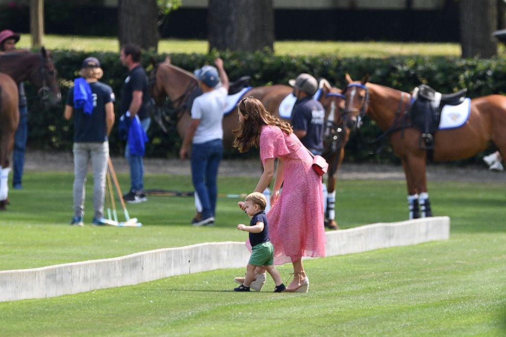 PHOTO: Catherine, Duchess of Cambridge and Prince Louis arrive at the 
King Power Royal Charity Polo Day, Billingbear Polo Club, Wokingham, England on July 10, 2019.