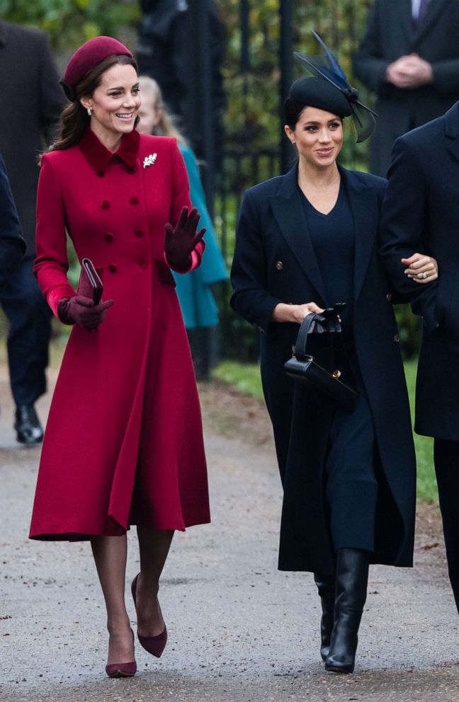 PHOTO: Catherine, Duchess of Cambridge and Meghan, Duchess of Sussex attend Christmas Day Church service at Church of St Mary Magdalene on the Sandringham estate on Dec. 25, 2018 in King's Lynn, England.