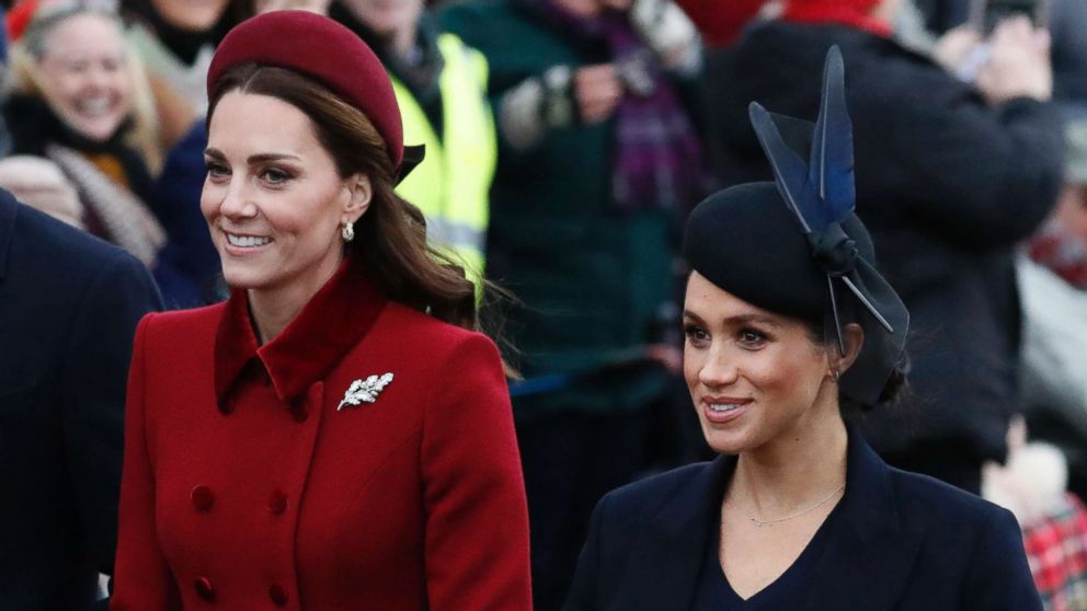 PHOTO: Britain's Kate, Duchess of Cambridge, left, and Meghan, Duchess of Sussex arrive to attend the Christmas day service at St Mary Magdalene Church in Sandringham in Norfolk, England in this Dec. 25, 2018 file photo.