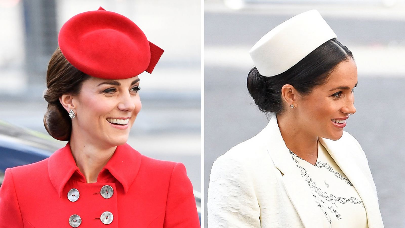 PHOTO: A combination of two photos shows Catherine, Duchess of Cambridge and Meghan, Duchess of Sussex, arriving for the Commonwealth Service at Westminster Abbey on Commonwealth Day in London, March 11, 2019.