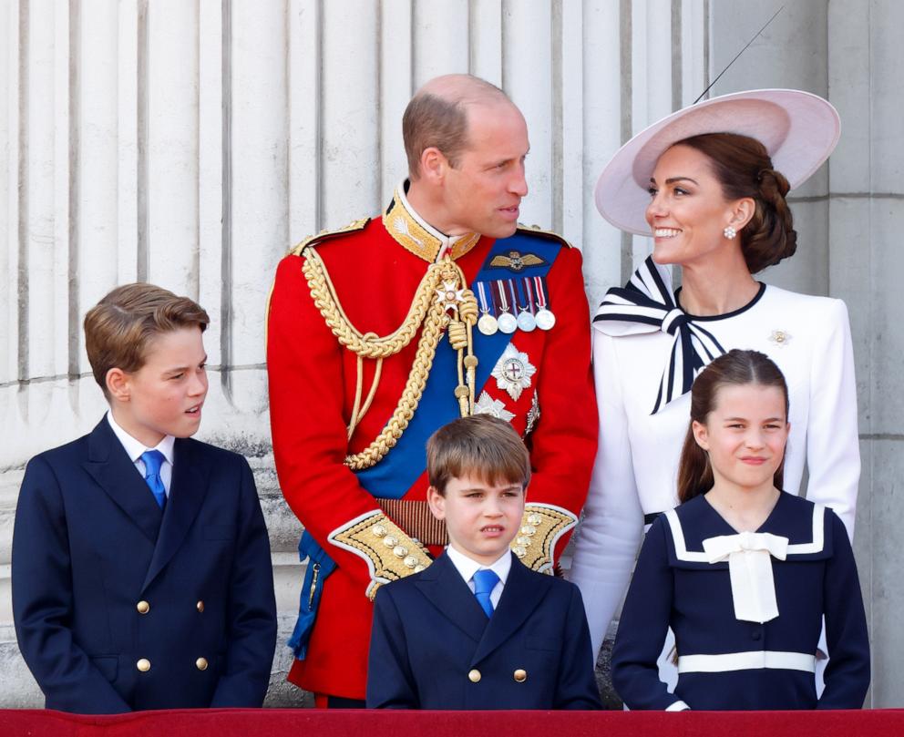 PHOTO: Prince George, Prince William, Prince of Wales, Prince Louis, Princess Charlotte and Catherine, Princess of Wales attend the Trooping the Colour, June 15, 2024, in London.