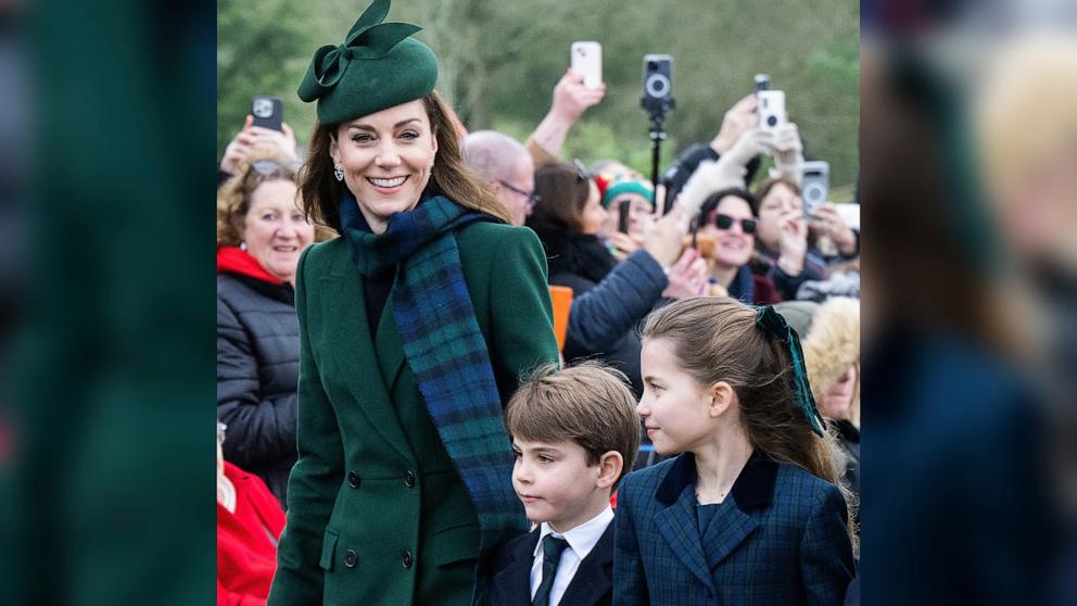 PHOTO: Catherine, Princess of Wales, Prince Louis of Wales and Princess Charlotte of Wales attend the Christmas Morning Service at Sandringham Church, Dec. 25, 2024 in Sandringham, Norfolk.