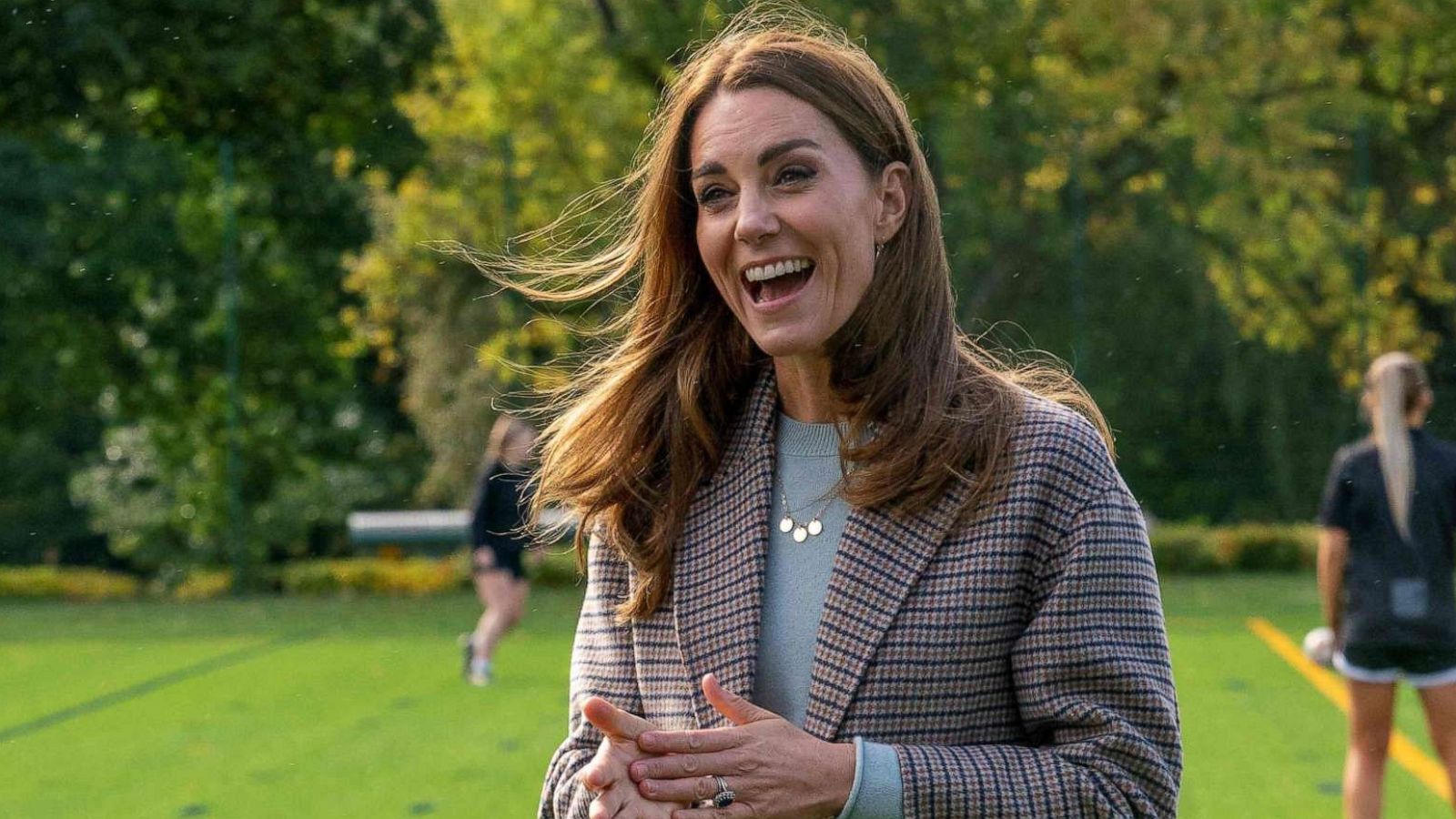 PHOTO: Britain's Catherine, Duchess of Cambridge gestures as she chats with staff and students during her visit to the University of Derby in Derby, central England, on Oct. 6, 2020.