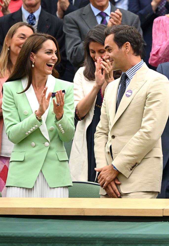 PHOTO: Catherine, Princess of Wales and Roger Federer court side on day two of the Wimbledon Tennis Championships at the All England Lawn Tennis and Croquet Club on July 4, 2023 in London.