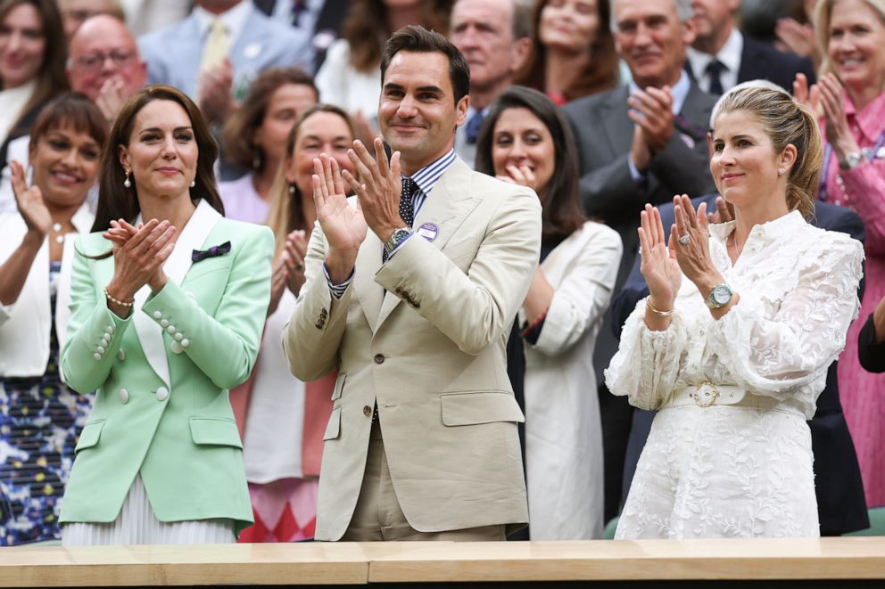 PHOTO: L-R Princess of Wales Kate Middleton, former professional tennis player Roger Federer and his wife Mirka Federer during day two of The Championships Wimbledon 2023 at All England Lawn Tennis and Croquet Club on July 4, 2023 in London.