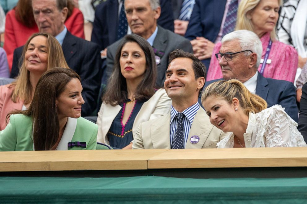 PHOTO: Roger Federer with Her Royal Highness, Catherine, Princess of Wales, and his wife Mirka in the Centre Court's Royal Box during the Wimbledon Lawn Tennis Championships at the All England Lawn Tennis and Croquet Club at Wimbledon on July 4, 2023.