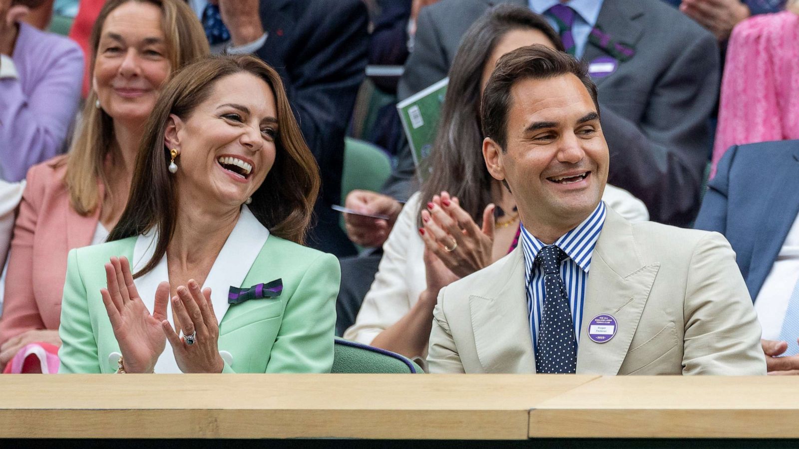 PHOTO: Roger Federer with Her Royal Highness, Catherine, Princess of Wales in the Centre Court's Royal Box during the Wimbledon Lawn Tennis Championships at the All England Lawn Tennis and Croquet Club at Wimbledon on July 4, 2023, in London.