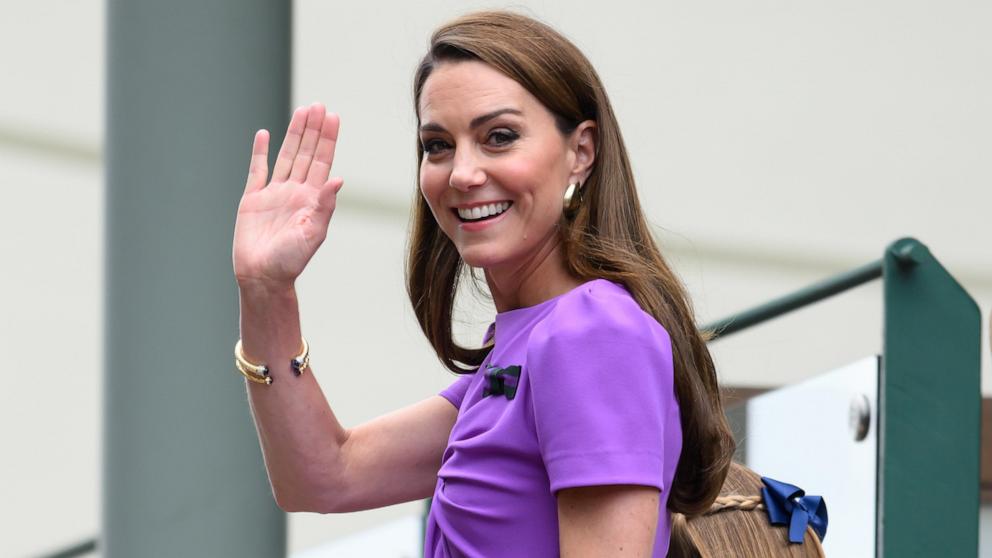 PHOTO: Catherine, Princess of Wales attends day fourteen of the Wimbledon Tennis Championships at the All England Lawn Tennis and Croquet Club on July 14, 2024 in London.