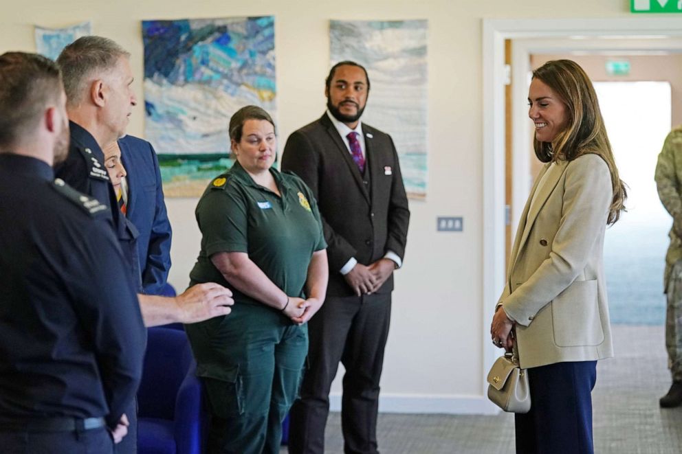 PHOTO: Britain's Catherine, Duchess of Cambridge, visits the RAF Brize Norton to meet military personnel and civilians who helped evacuate Afghans from their country, in Britain, Sept. 15, 2021.