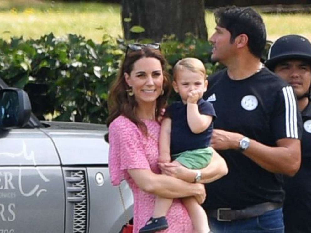 PHOTO: Catherine, Duchess of Cambridge and Prince Louis arrive at the King Power Royal Charity Polo Day at the Billingbear Polo Club in Wokingham, England, July 10, 2019.