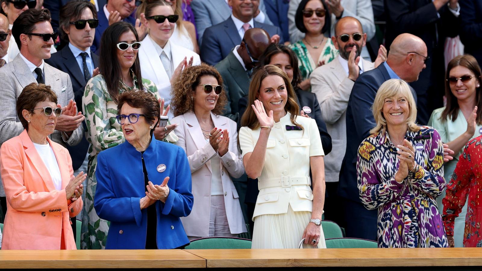 Catherine, Princess of Wales, Patron of The AELTC waves in the Royal Box prior to the the Ladies' Singles Final between Iga Swiatek of Poland and Amanda Anisimova of United States on day thirteen of The Championships Wimbledon 2025 at All England Lawn Tennis and Croquet Club on July 12, 2025, in London.