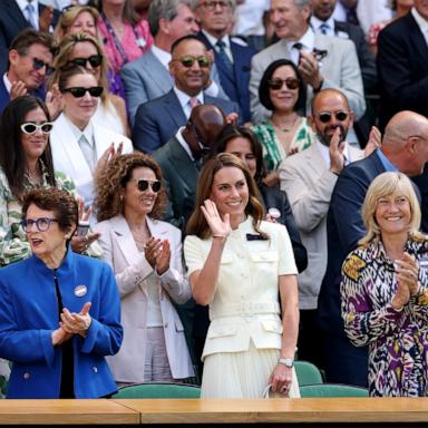 PHOTO: Catherine, Princess of Wales waves at The Championships Wimbledon 2025 at All England Lawn Tennis and Croquet Club on July 12, 2025, in London.
