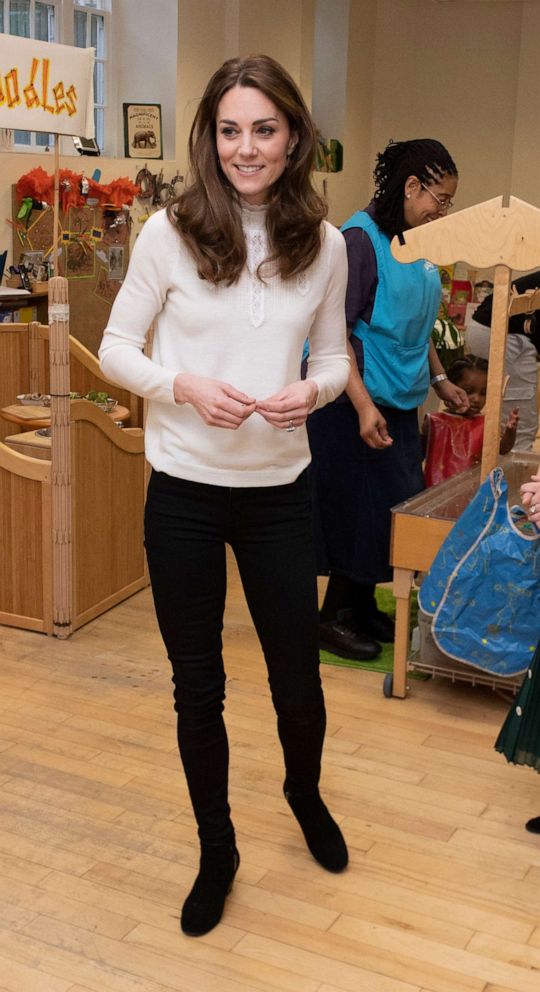 PHOTO: Britain's Catherine, Duchess of Cambridge gestures during a visit to London Early Years Foundation at Stockwell Gardens Nursery and Pre-school in London on Jan. 29, 2020.