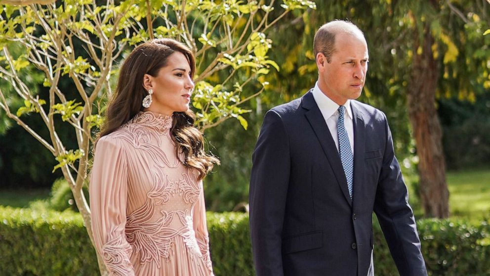 PHOTO: Britain's Prince William and Princess Catherine arrive at the marriage ceremony of Crown Prince Hussein and Saudi architect Rajwa Alseif, June 1, 2023, in Amman, Jordan.