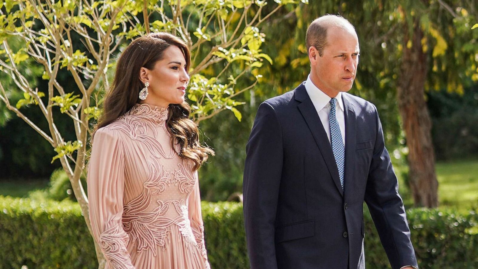 PHOTO: Britain's Prince William and Princess Catherine arrive at the marriage ceremony of Crown Prince Hussein and Saudi architect Rajwa Alseif, June 1, 2023, in Amman, Jordan.