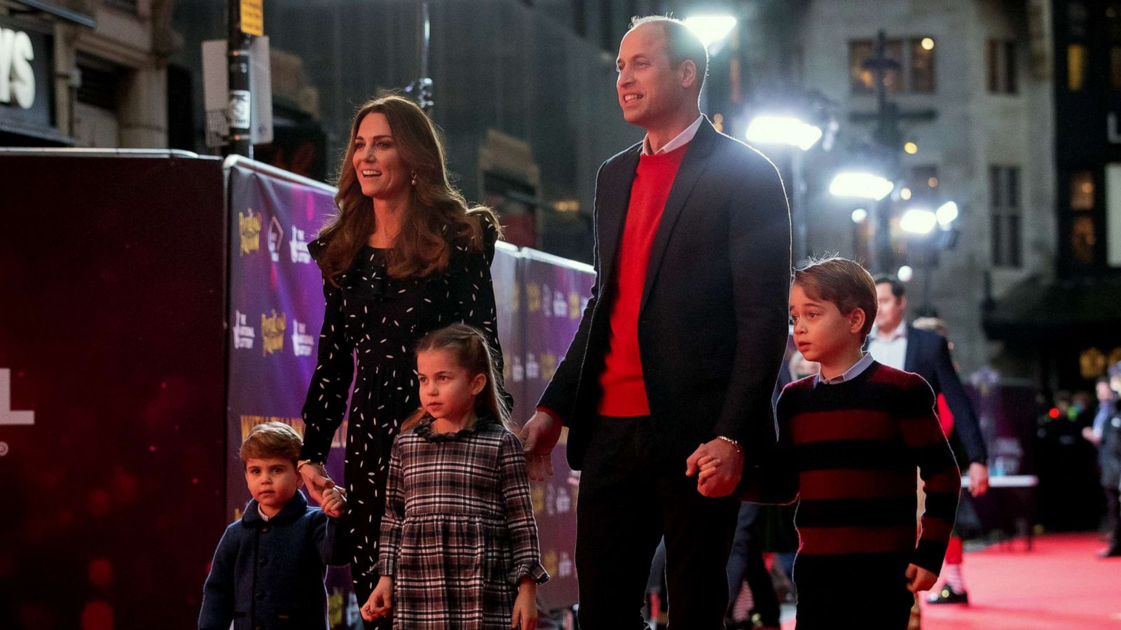 PHOTO: Britain's Prince William, Catherine, Duchess of Cambridge and their children, Prince Louis, Princess Charlotte and Prince George at London's Palladium Theatre, London, Dec. 11, 2020.