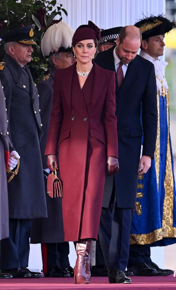 PHOTO: Catherine Princess of Wales and Prince William at the Horse Guards parade for the Emir of Qatar's Ceremonial Welcome on Dec. 3, 2024, in London.