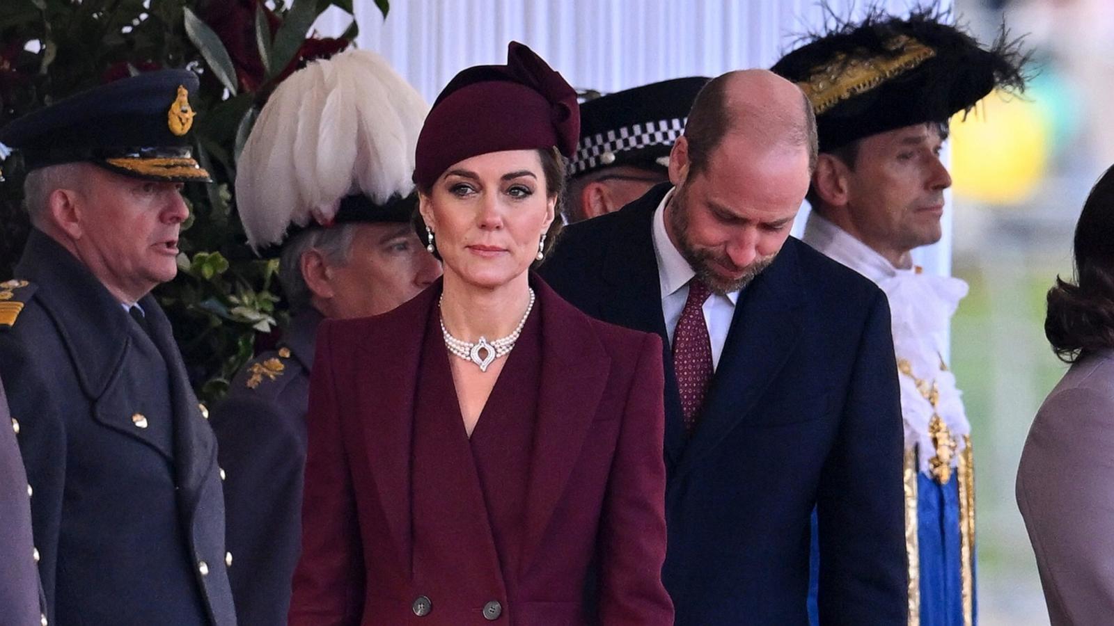 PHOTO: Catherine Princess of Wales and Prince William at the Horse Guards parade for the Emir of Qatar's Ceremonial Welcome on Dec. 3, 2024, in London.