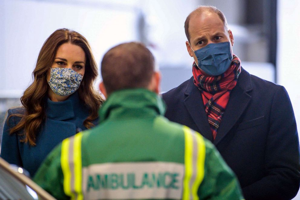 PHOTO: Prince William, Duke of Cambridge and Britain's Catherine, Duchess of Cambridge speak with staff during a visit to the Scottish Ambulance Service Response Centre in Newbridge, west of Edinburgh in Scotland on Dec. 7, 2020.