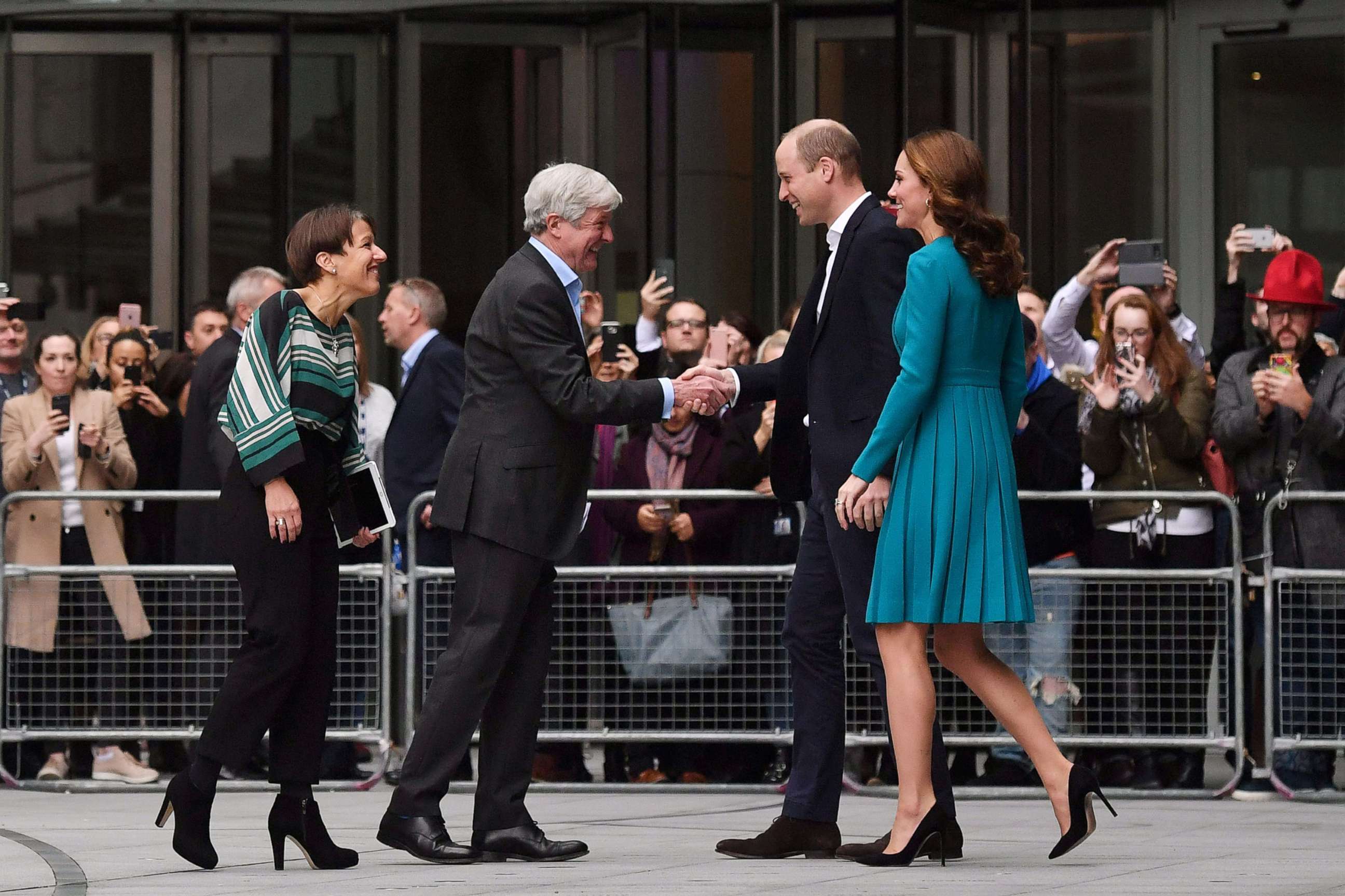 PHOTO: Britain's Prince William and his wife, Catherine, Duchess of Cambridge, are greeted by Director-General of the BBC Tony Hall and Director of BBC Children's Alice Webb during a visit to the BBC Broadcasting House in London, Nov. 15, 2018.