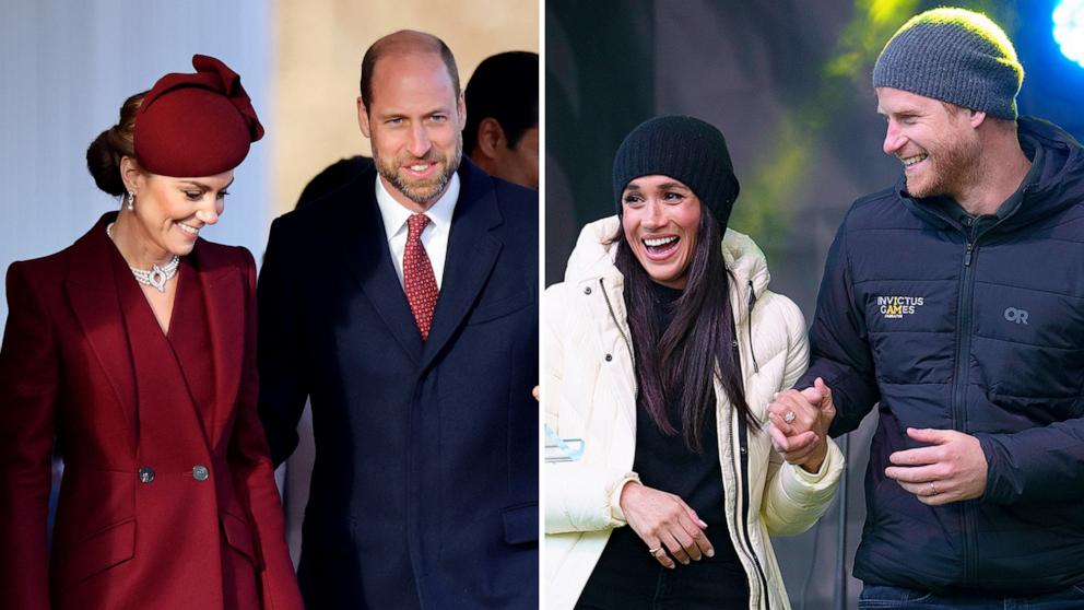 PHOTO: In this combination photo, Catherine, Princess of Wales and Prince William attend the Horse Guards Parade in London, Dec. 3, 2024, and Prince Harry and Meghan deliver remarks at the Invictus Games in Whistler, Canada, Feb. 10th, 2025. 