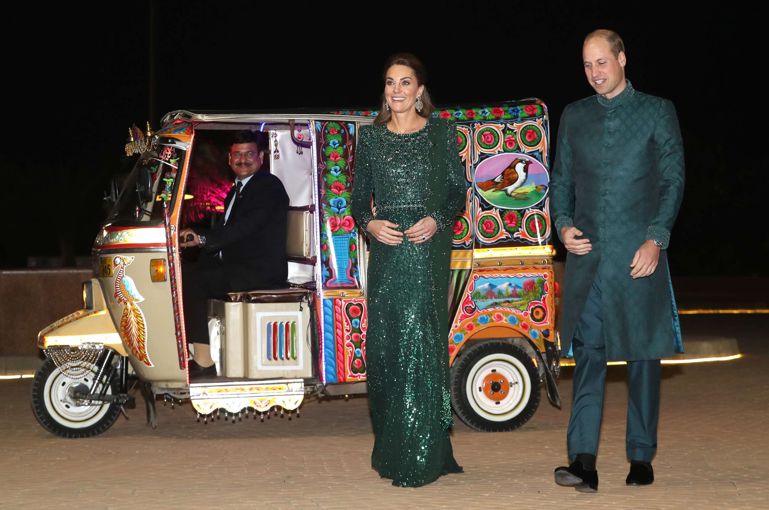 PHOTO: Catherine, Duchess of Cambridge and Prince William, Duke of Cambridge arrive by TukTuk as they attend a special reception hosted by the British High Commissioner Thomas Drew, at the Pakistan National Monument, Oct. 15, 2019, in Islamabad, Pakistan.