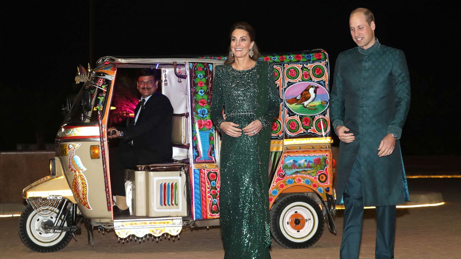 PHOTO: Catherine, Duchess of Cambridge and Prince William, Duke of Cambridge arrive by TukTuk as they attend a special reception hosted by the British High Commissioner Thomas Drew, at the Pakistan National Monument, Oct. 15, 2019, in Islamabad, Pakistan.