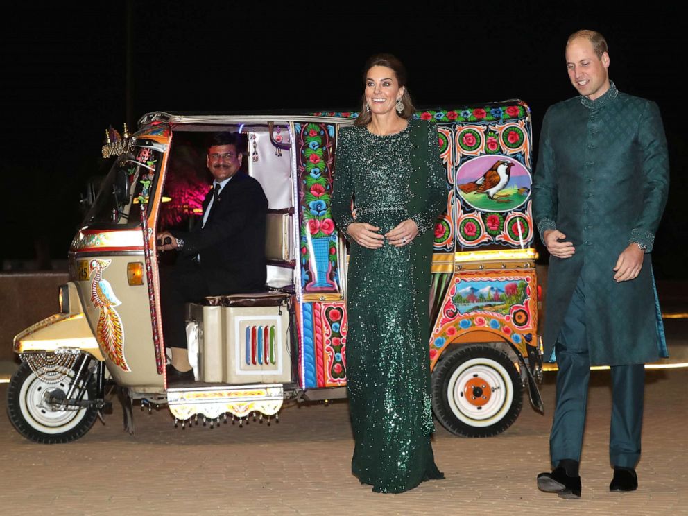 PHOTO: Catherine, Duchess of Cambridge and Prince William, Duke of Cambridge arrive by TukTuk as they attend a special reception hosted by the British High Commissioner Thomas Drew, at the Pakistan National Monument, Oct. 15, 2019, in Islamabad, Pakistan.
