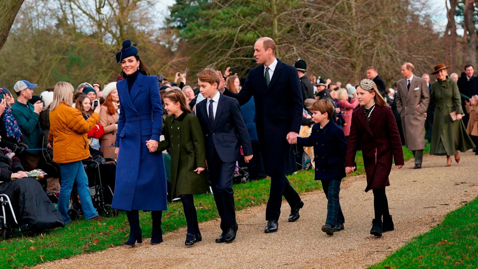 PHOTO: Kate, the Princess of Wales, Princess Charlotte, Prince George, William, the Prince of Wales, Prince Louis and Mia Tindall arrive to attend the Christmas day service at St Mary Magdalene Church in Sandringham in Norfolk, England, Dec. 25, 2023.