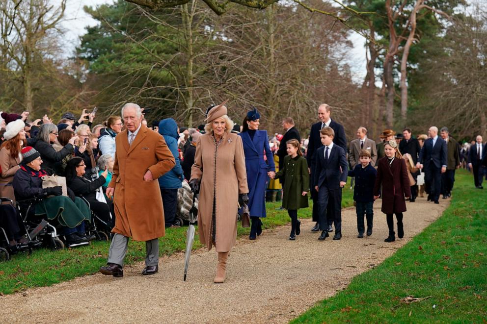 PHOTO: King Charles III, Queen Camilla, Princess Kate, Princess Charlotte, Prince William, Prince George, Prince Louis and Mia Tindall arrive at St Mary Magdalene Church in Sandringham in Norfolk, England, Dec. 25, 2023.