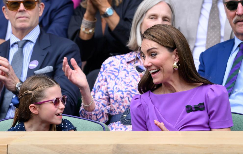 PHOTO: Princess Charlotte of Wales and Catherine, Princess of Wales court-side of Centre Court during the men's final on day fourteen of the Wimbledon Tennis Championships at the All England Lawn Tennis and Croquet Club, on July 14, 2024, in London.