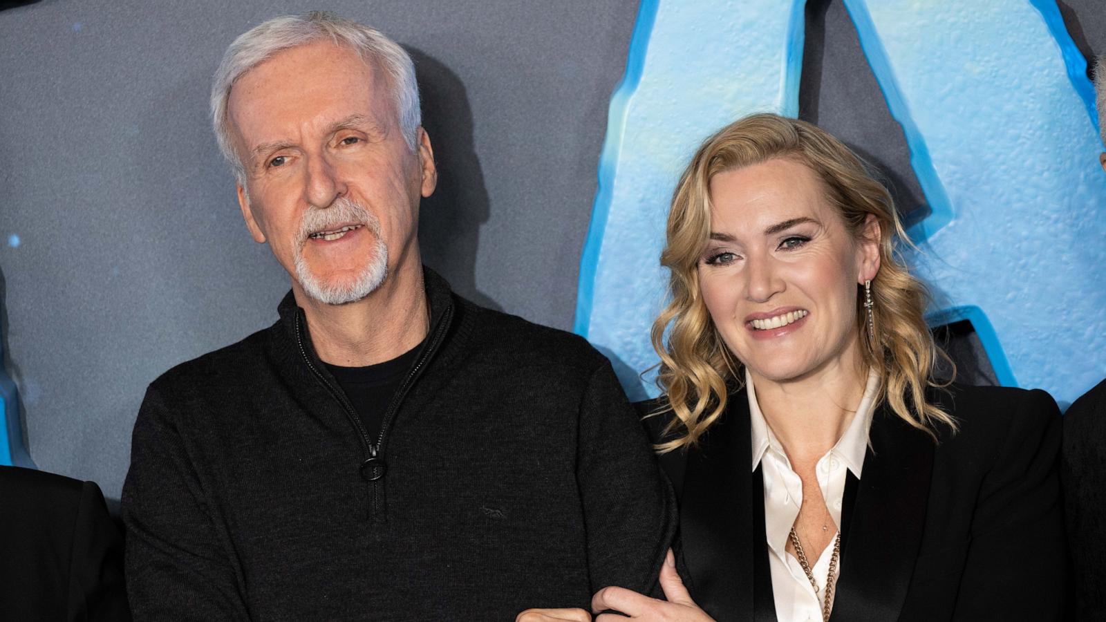 PHOTO: James Cameron and Kate Winslet attend the photocall for "Avatar: The Way of Water, "December 4, 2022, in London.